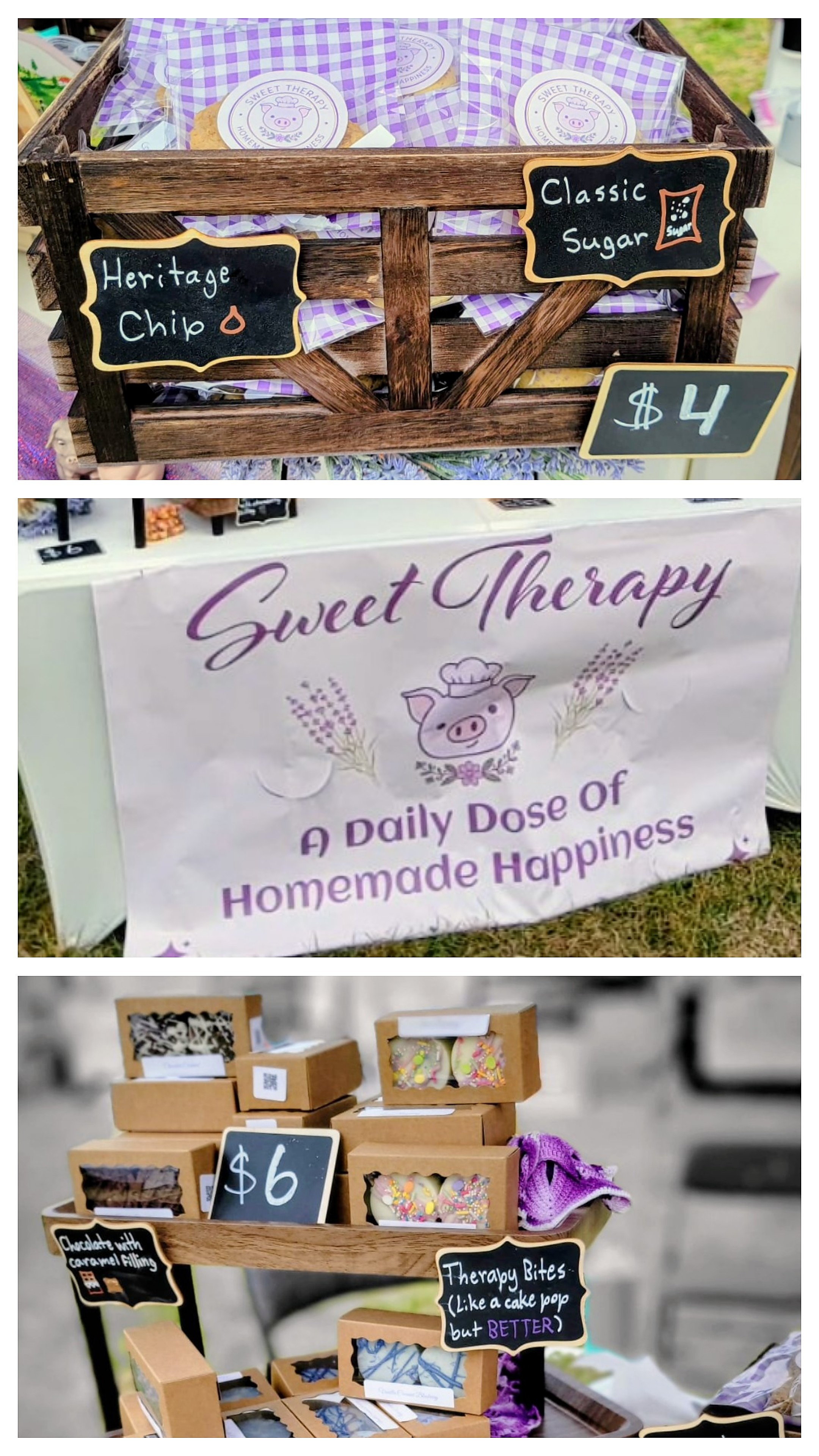 Collage of Sweet Therapy treats and booth at the market